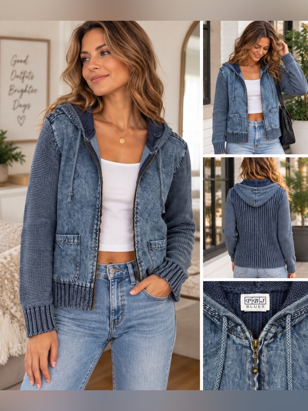 PBJ Blues Women M Denim Knit Hooded Cardigan Sweater Zip Front Y2K Boho Blue